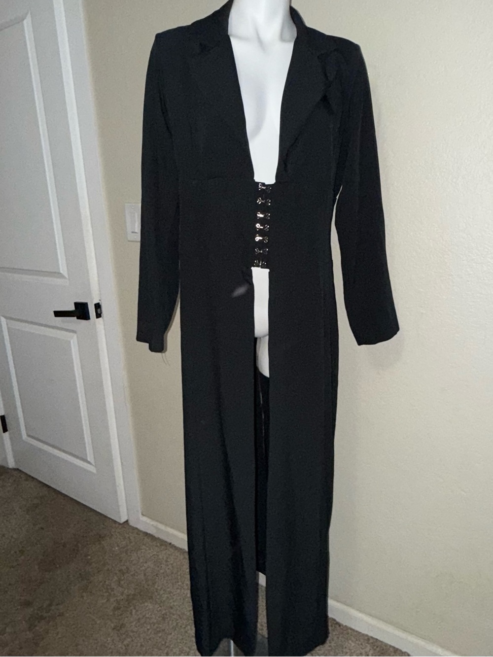 Venus Black Longline Jumpsuit Coat with Front Hook Closure